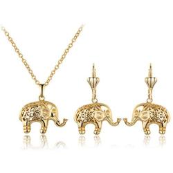 Barzel 18K Gold Plated Filigree Cutout Elephant Drop Earrings and Pendant Necklace Jewelry Set