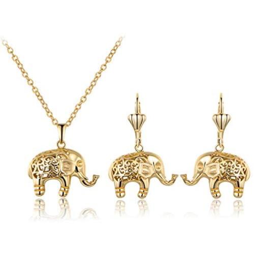 Barzel 18K Gold Plated Filigree Cutout Elephant Drop Earrings and Pendant Necklace Jewelry Set