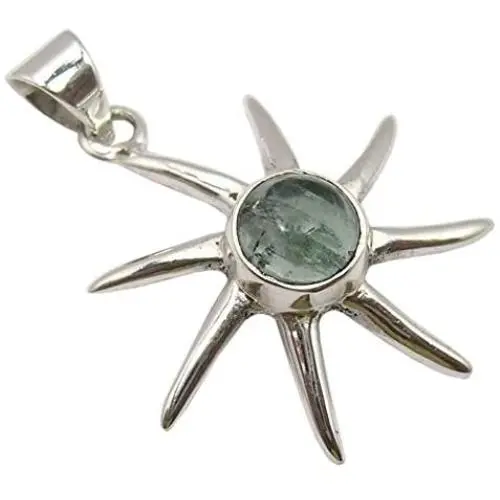SilverStarJewel Solid Sterling Silver Natural Round Cab Apatite Sun Necklace Pendant 1.3'' SilverStarJewel Solid Sterling Silver Natural Round Cab Apatite Sun Necklace Pendant 1.3''