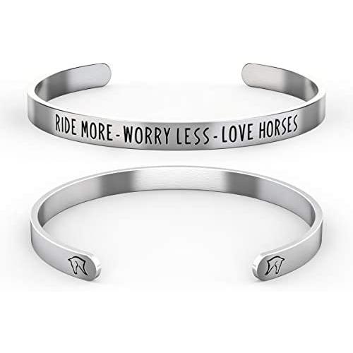 Happy Kisses Horse Bracelet – Horse Gift for Horseback Riders – “Ride More – Worry Less – Love Horses”, Cute Cuff for Women & Girls