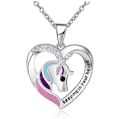 Binoster Unicorn Necklace Girl Heart Sliver Jewelry for Women Teen Girls Kid Keep me in Your Heart Pendants Gift 40cm Adjustable Chain (Necklace)