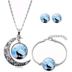 Hollow Crescent Moon Wolf Necklace Pendant Stud Earrings Vintage Time Gemstone New Moon Charm Bracelets for Women Girls Trendy Christmas Jewelry Set(04)