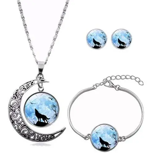 Hollow Crescent Moon Wolf Necklace Pendant Stud Earrings Vintage Time Gemstone New Moon Charm Bracelets for Women Girls Trendy Christmas Jewelry Set(04) Hollow Crescent Moon Wolf Necklace Pendant Stud Earrings Vintage Time Gemstone New Moon Charm Bracelets for Women Girls Trendy Christmas Jewelry Set(04)