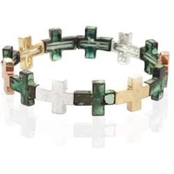 RIAH FASHION Cross Statement Bracelet - Geometric Metallic Christian Religious Adjustable Cuff Bangle Multi Stretch Layer Set