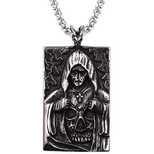 Demon Skull Necklace for Men, Skull Cross Pendant Necklace with 23.6” Chain, Masked Goddess Skull Cameo Necklace, Gothic Cross Skull Tag Necklace, Punk Skull Jewelry Gift for Men Boys