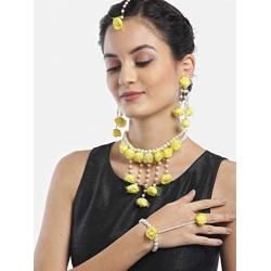 YouBella Jewellery Bollywood Ethnic Bridal Wedding Traditional Floral Gota Patti Indian Necklace Set, Earrings, Bracelet and Maang Tiika for Women Haldi and Mehendi Occassion