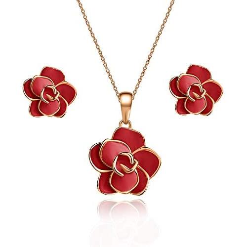 Rose Flower Necklace Earrings Set for Women 18K Gold Plated Hypoallergenic Jewelry Sets