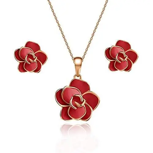 Rose Flower Necklace Earrings Set for Women 18K Gold Plated Hypoallergenic Jewelry Sets Rose Flower Necklace Earrings Set for Women 18K Gold Plated Hypoallergenic Jewelry Sets