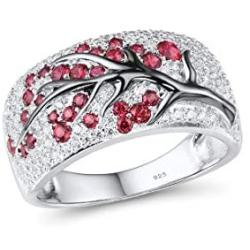 925 Sterling Silver Ring Delicate Pink Cherry Tree Created Ruby Shiny White Cubic Zirconia