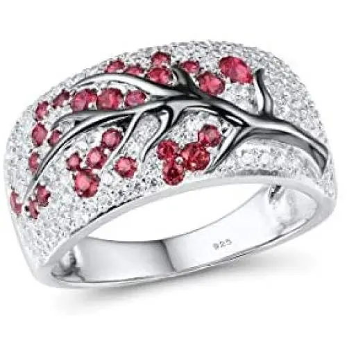 925 Sterling Silver Ring Delicate Pink Cherry Tree Created Ruby Shiny White Cubic Zirconia