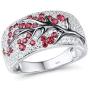 925 Sterling Silver Ring Delicate Pink Cherry Tree Created Ruby Shiny White Cubic Zirconia