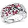 925 Sterling Silver Ring Delicate Pink Cherry Tree Created Ruby Shiny White Cubic Zirconia