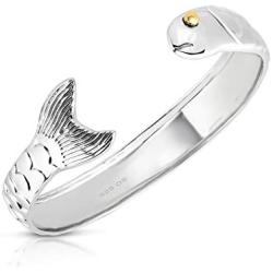 Unique Royal Jewelry. Solid 925 Sterling Silver and 14k Gold Plated Cod Fish Cuff Bracelet