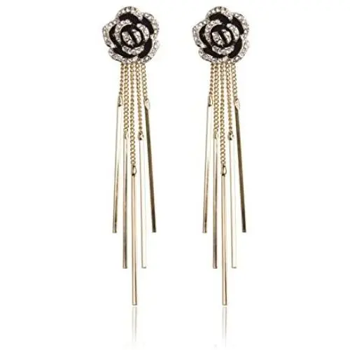 Fashion jewelry designer statement long rhinestone black camellia flower rose earrings for women Fashion jewelry designer statement long rhinestone black camellia flower rose earrings for women