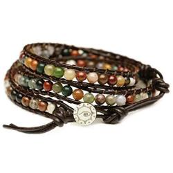 BLUEYES COLLECTION ''Hot Mix Color India Agate Stainless Steel Snap Button Lock Genuine Leather Bracelet