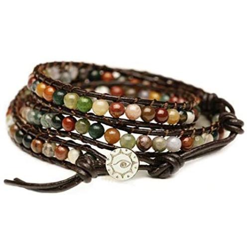BLUEYES COLLECTION ''Hot Mix Color India Agate Stainless Steel Snap Button Lock Genuine Leather Bracelet