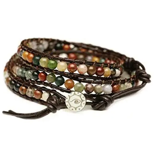 BLUEYES COLLECTION ''Hot Mix Color India Agate Stainless Steel Snap Button Lock Genuine Leather Bracelet