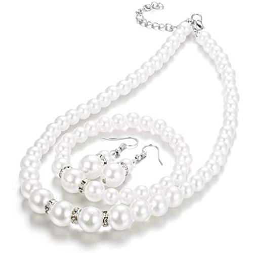 Finrezio Faux Pearl Choker Necklace Dangle Earrings Bracelet Crystal Jewelry Set for Women Wedding Jewelry Sets Bridesmaids Gifts