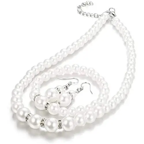 Finrezio Faux Pearl Choker Necklace Dangle Earrings Bracelet Crystal Jewelry Set for Women Wedding Jewelry Sets Bridesmaids Gifts Finrezio Faux Pearl Choker Necklace Dangle Earrings Bracelet Crystal Jewelry Set for Women Wedding Jewelry Sets Bridesmaids Gifts