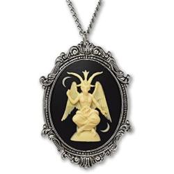 Real Metal Sitting Satanic Baphomet Cameo in Silver Finish Frame Necklace Pendant Ivory on Black