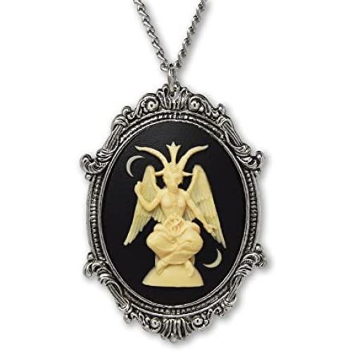 Real Metal Sitting Satanic Baphomet Cameo in Silver Finish Frame Necklace Pendant Ivory on Black