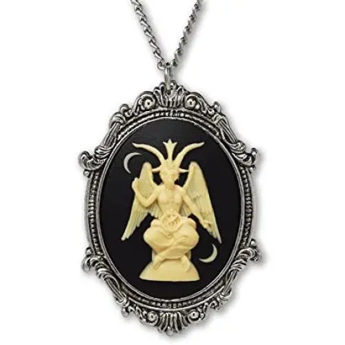 Real Metal Sitting Satanic Baphomet Cameo in Silver Finish Frame Necklace Pendant Ivory on Black Real Metal Sitting Satanic Baphomet Cameo in Silver Finish Frame Necklace Pendant Ivory on Black
