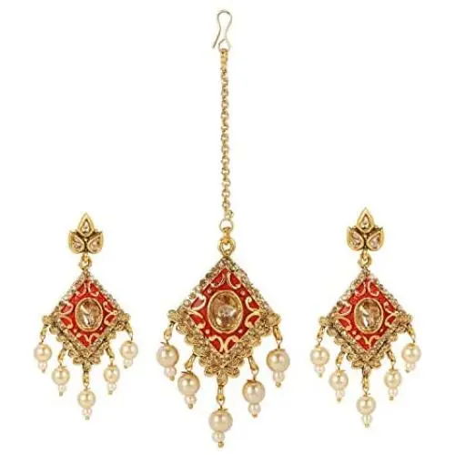 Efulgenz Indian Bollywood Gold Plated Kundan Maang Tikka Head Chain Dangle Earrings Bridal Wedding Jewelry Set