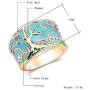 N-A Lucky Flower Tree Rings Gold Pink Opal Green Enamel Wide Ring for Woman Party Crystal Vintage Jewelry