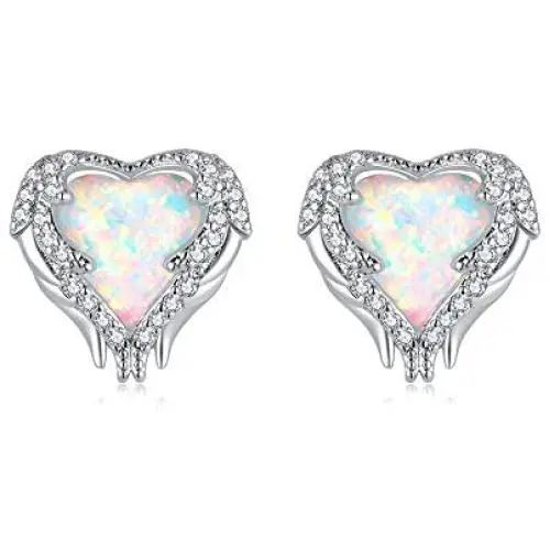 CiNily Angel Wing Earrings for Women-White Opal Heart Stud Earrings Cubic Zirconia Opal Jewelry Gifts for Ladies Mom Girls