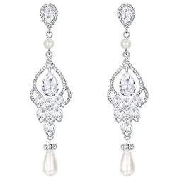 EVER FAITH Womens Crystal Simulated Pearl Bridal Vintage Chandelier Teardrop Earrings Clear Silver-Tone