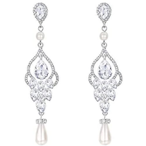 EVER FAITH Womens Crystal Simulated Pearl Bridal Vintage Chandelier Teardrop Earrings Clear Silver-Tone