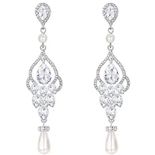 EVER FAITH Womens Crystal Simulated Pearl Bridal Vintage Chandelier Teardrop Earrings Clear Silver-Tone EVER FAITH Womens Crystal Simulated Pearl Bridal Vintage Chandelier Teardrop Earrings Clear Silver-Tone