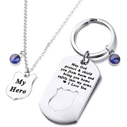 Police Officer Gift Police Necklace Keychain Matching Set Blue Line Policemen Gifts Police Wife Mom Jewelry Gifts May God Protect You from Harm