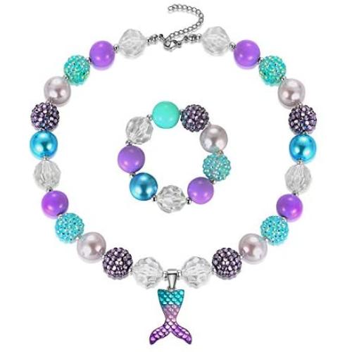 Mermaid Pendant Necklace Bubblegum Toddler Sparkly Bead Necklace & Bracelet Jewelry Set for Kids First Birthday Gifts