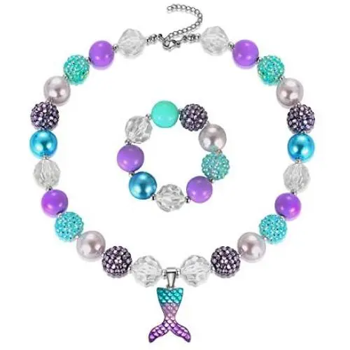 Mermaid Pendant Necklace Bubblegum Toddler Sparkly Bead Necklace & Bracelet Jewelry Set for Kids First Birthday Gifts