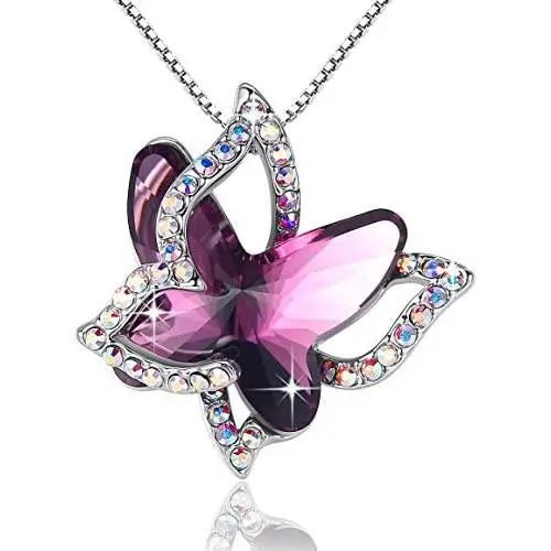 GEMMANCE Butterfly Crystal Necklace with Premium Birthstone, Silver-Tone, 18”+2” Chain