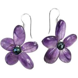 Cultured Freshwater Purple Pearls (Dyed) and Purple Quartz Flower Necklace-Earrings Jewelry Set