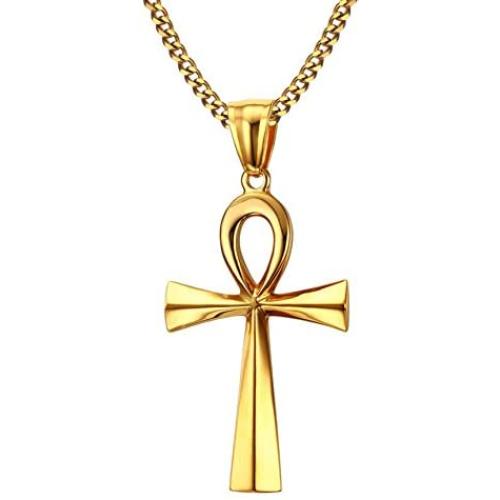 HUANIAN Mens Stainless Steel Coptic Anka Cross Religious Pendant Necklace, 24'' Curb Chain