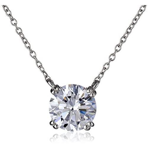 Platinum or Gold-Plated Sterling Silver Round-Cut Swarovski Zirconia Solitaire Pendant Necklace