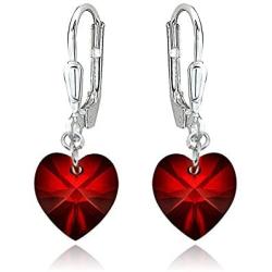 Sterling Silver Heart Dangle Leverback Earrings Made with Swarovski Crystals