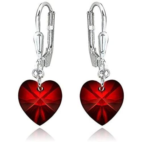 Sterling Silver Heart Dangle Leverback Earrings Made with Swarovski Crystals