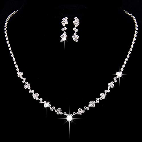 Gorais Wedding Jewelry Bride Silver Rhinestone Necklace and Earrings Set Bridal Crystal Choker Necklace Jewelry for Women and Girls (Set 1)