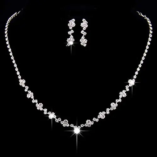 Gorais Wedding Jewelry Bride Silver Rhinestone Necklace and Earrings Set Bridal Crystal Choker Necklace Jewelry for Women and Girls (Set 1)