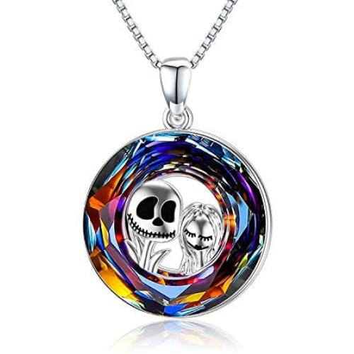 JUSTKIDSTOY Nightmare Before Christmas Necklace Jewelry 925 Sterling Silver Jack Skellington and Sally Pendant Necklace Gifts for Women Girlfriend