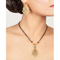 TARINIKA Mandin Gold-Plated Necklace and Earrings Set with Black Beads - Center Red