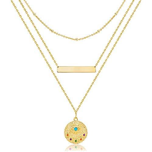 Fiusem Gold Layered Evil Eye Necklaces for Women, Dainty 14K Gold Choker Necklaces and Chain Necklaces for Teen Girls Tiny Evil Eye Pendant Necklace, 14”, 16”, 18”