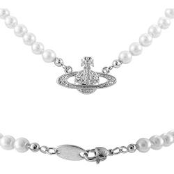 nobrand Golden Silver Saturn Pearl Necklace White Pearl Bead Necklaces Crystal Rhinestone Pearl Necklace for Women Best Friend Girlfriend Birthday Anniversary