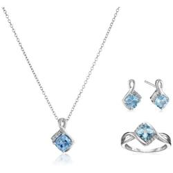 Jewelili Sterling Silver 6MM and 5MM Cushion Swiss Blue Topaz and Round Created White Sapphire Pendant Necklace, Earrings and Ring Jewelry Set