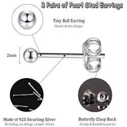 Sterling Silver Stud Earrings for Women Girls- 3 Pairs of 2mm Tiny Ball Stud Earrings Round CZ Cubic Zirconia Earrings Pearl Earrings Set Cartilage Small Tragus Earrings Nose Lip Rings
