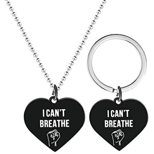 Stainless Steel I Cant Breathe Fist Heart Keychain and Pendant Necklace Set BLM Couples Jewelry for Women or Men